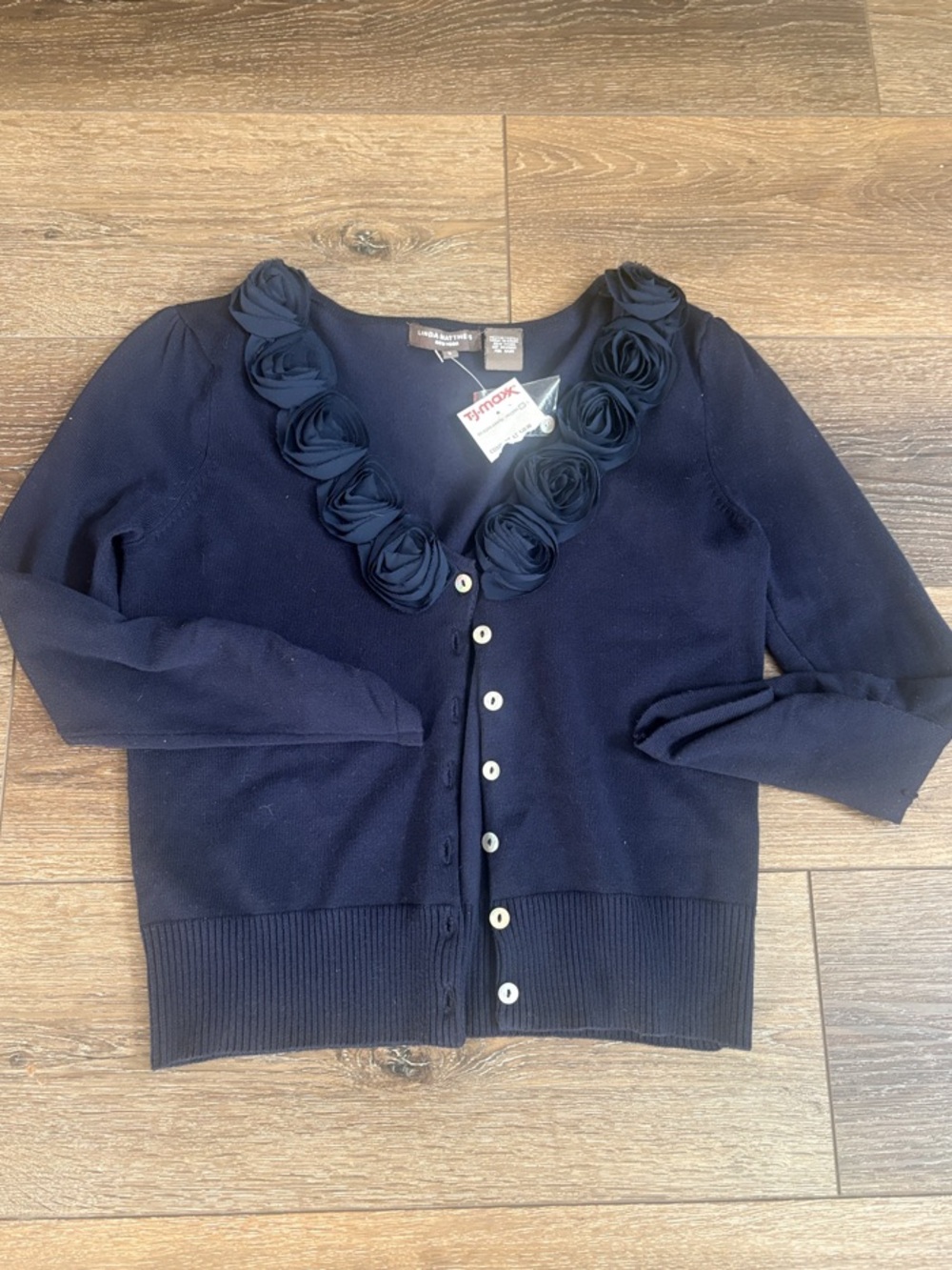 London Times Navy Rosette V-Neck Button Cardigan